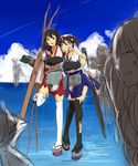  akagi_(kantai_collection) bandages brown_eyes brown_hair cloud day highres japanese_clothes kaga_(kantai_collection) kantai_collection long_hair multiple_girls muneate ocean side_ponytail sketch sky smile torn_clothes yuzuki_(rinka01) 