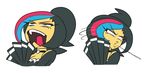  2koma alternate_costume bare_shoulders black_hair blue_hair choker comic fan flat_color folding_fan gashi-gashi humanization lego red_hair silent_comic solo spitting the_lego_group the_lego_movie wyldstyle yellow_skin 