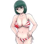  bikini flag_print glasses green_eyes green_hair joshiraku kuurubiyuutei_gankyou lowres print_bikini rising_sun short_hair side-tie_bikini striped striped_bikini sunburst supopo_(pi4v2000) swimsuit 