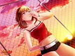  against_fence arm_behind_back audrey_belrose belt blonde_hair bracelet breasts brown_hair camisole chain-link_fence cigarette commentary cutoffs delinquent dutch_angle fence huniepop jewelry midriff multicolored_hair navel ninamo official_art red_eyes short_hair short_shorts shorts small_breasts smoking solo spaghetti_strap sunset two-tone_hair watermark 