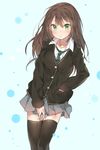  black_legwear blush brown_hair cardigan green_eyes hand_in_pocket idolmaster idolmaster_cinderella_girls jewelry long_hair looking_at_viewer necklace necktie school_uniform shibuya_rin skirt solo standing thighhighs yuran zettai_ryouiki 