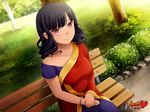  asymmetrical_clothes bangle bangs bare_shoulders beli_lapran bench black_hair blunt_bangs bracelet commentary dark_skin huniepop indian indian_clothes jewelry long_hair looking_at_viewer ninamo official_art park park_bench red_eyes sari smile solo watermark 