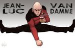  bald_spot character_name clenched_hand fusion gradient gradient_background jean-claude_van_damme jean-luc_picard long_sleeves male_focus michael_mayne namesake parody patrick_stewart signature solo split star_trek star_trek:_the_next_generation tea uniform white_hair 