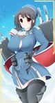  ascot black_gloves black_hair blush_stickers breasts bursting_breasts curvy gloves hand_on_hip hat highres huge_breasts kantai_collection kurokaze_no_sora long_sleeves looking_at_viewer military military_hat military_uniform red_eyes short_hair smile solo takao_(kantai_collection) thick_thighs thighhighs thighs uniform wide_hips 
