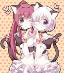  animal_ears bell bell_collar blue_eyes cat_ears cat_tail collar glasses hair_intakes heart heart_hands heart_hands_duo ikeda_chitose maid midriff multiple_girls navel one-armed_hug one_eye_closed parted_lips ponytail purple_eyes purple_hair ribbon silver_hair smile sugiura_ayano tail tail_ribbon yukari_yukke yuru_yuri 