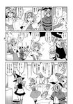  alice_margatroid broom capelet comic flower_pot gloves greyscale hair_ribbon hairband hat heart highres hourai_doll kirisame_marisa monochrome multiple_girls musical_note nail ribbon ryuuichi_(f_dragon) shanghai_doll shield touhou translated vase warhammer weapon witch_hat 