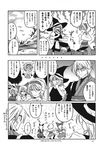  4girls alice_margatroid bow box capelet comic cossack_dance doll glasses greyscale hair_bow hair_ribbon hairband hat heart highres hourai_doll kirisame_marisa monochrome morichika_rinnosuke multiple_girls ribbon ryuuichi_(f_dragon) shanghai_doll touhou translated witch_hat 