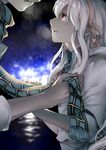  1girl highres kagerou_project kozakura_marry long_hair looking_at_another mikura_(miraclemicro) night night_sky red_eyes scarf seto_kousuke silver_hair sky solo_focus 
