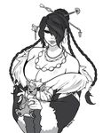  bare_shoulders braid breasts character_doll cleavage dress ear_piercing earrings eyeshadow final_fantasy final_fantasy_x greyscale hair_bun hair_ornament hair_over_one_eye hair_stick huge_breasts jewelry kimahri_ronso lips lipstick low_neckline lulu_(ff10) makeup mole mole_under_mouth monochrome necklace off-shoulder_dress off_shoulder piercing ring saane smile solo wide_sleeves 