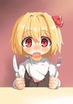  blonde_hair blush fork hair_ribbon hecchi_(blanch) knife napkin open_mouth red_eyes ribbon rumia saliva short_hair sitting solo table touhou 