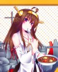  ahoge bad_id bad_pixiv_id brown_hair curry detached_sleeves door_to_heaven food hairband japanese_clothes kantai_collection kongou_(kantai_collection) long_hair machinery nontraditional_miko purple_eyes solo spoon spoon_in_mouth turret wide_sleeves 