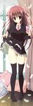  absurdres ahoge ass_visible_through_thighs black_legwear breasts brown_eyes cellphone feathers full_body hair_ribbon half_updo highres huge_filesize inugami_kira large_breasts misakura_rin necktie no_shoes phone pillow pink_hair ribbon sakura_no_uta school_uniform skirt skirt_lift solo standing sweater_vest thighhighs wooden_floor 