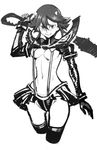  blush breasts greyscale kill_la_kill masn_(moxi) matoi_ryuuko medium_breasts monochrome navel over_shoulder revealing_clothes senketsu skirt solo sword sword_over_shoulder underboob weapon weapon_over_shoulder 