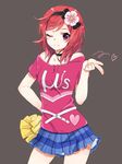  bare_shoulders belt choker flower hair_flower hair_ornament hairband hand_on_hip happy_maker! heart love_live! love_live!_school_idol_project nishikino_maki one_eye_closed petticoat pom_poms purple_eyes red_hair short_hair simple_background skirt slip_showing smile solo taiki_(ozone) 