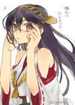 :o bespectacled black_hair brown_eyes detached_sleeves glasses hair_ornament haruna_(kantai_collection) headgear hita_(hitapita) japanese_clothes kantai_collection long_hair long_sleeves looking_at_viewer md5_mismatch nontraditional_miko open_mouth ribbon-trimmed_sleeves ribbon_trim solo tassel twitter_username wide_sleeves 