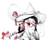  animal_ears bangs bare_arms black_hair blunt_bangs bow braid buttons eyelashes glasses hair_ribbon hand_on_headwear hand_up hat headphones highres horned_girl_(jaco) horns jaco looking_at_viewer monochrome original portrait red-framed_eyewear red_eyes ribbon short_sleeves sidelocks sideways_glance simple_background solo spot_color straw_hat tongue tongue_out twin_braids twintails white_background witch_hat 