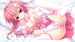  ahoge bed bow breasts breasts_outside chikotam clothed_masturbation detached_collar from_above game_cg gloves hair_bow hair_ornament half_updo heart heart_hair_ornament himenomi_miruku legs_up long_hair lying masturbation masturbation_through_clothing medium_breasts nipples panties pink_eyes pink_hair pink_panties self_fondle side_ponytail skirt skirt_lift solo spread_legs striped striped_panties sweat thighhighs underwear wet wet_clothes wet_panties yumekoi 