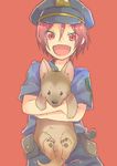  child dog fangs free! future_fish hat male_focus matsuoka_rin memeo_(candy_house) open_mouth police police_hat police_uniform puppy red_eyes red_hair smile solo uniform younger 