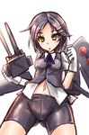  :o bike_shorts black_hair blush cowboy_shot gloves hair_ornament hairclip kantai_collection kuroshio_(kantai_collection) machinery navel school_uniform short_hair solo sumapan vest white_background white_gloves yellow_eyes 