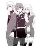  2boys arm_holding arm_hug bad_id bad_pixiv_id belt black_legwear blush dual_persona genderswap genderswap_(mtf) holding_hands kakumeiki_valvrave l-elf long_hair military military_uniform monochrome multiple_boys natsu_(360c) necktie open_mouth sandwiched short_hair skirt tokishima_haruto uniform vest 