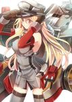  arms_up bare_shoulders bismarck_(kantai_collection) blonde_hair blue_eyes breasts brown_gloves cowboy_shot detached_sleeves gloves grey_legwear hat hat_tip highres iron_cross kantai_collection large_breasts long_hair machinery peaked_cap serino_itsuki smile solo thighhighs white_background zettai_ryouiki 