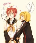  1girl blonde_hair blush cosplay costume_switch crossover free! hair_ornament hairclip heart kagamine_rin kagamine_rin_(cosplay) matsuoka_rin matsuoka_rin_(cosplay) mukkun namesake open_mouth red_eyes red_hair short_hair smile sweat translated vocaloid 