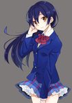  blazer blue_hair blush bow jacket long_hair looking_at_viewer love_live! love_live!_school_idol_project otonokizaka_school_uniform petticoat school_uniform simple_background skirt slip_showing solo sonoda_umi taiki_(ozone) yellow_eyes 