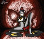  ankle_gun bayonetta bayonetta_(character) beehive_hairdo bigdead93 black_hair blue_eyes bodysuit breasts cleavage cleavage_cutout crescent earrings glasses highres hoop_earrings jewelry large_breasts lipstick long_hair looking_at_viewer makeup mole mole_under_mouth sitting smile solo spread_legs very_long_hair 
