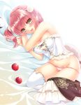  apple atelier_(series) atelier_escha_&amp;_logy bed_sheet blush braid crop_top escha_malier food fruit green_eyes lying on_side panties panty_pull pink_hair pink_panties pom_pom_(clothes) sanom short_hair smile solo tail thighhighs twintails underwear undressing white_background white_legwear 
