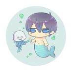  bangs black_hair blue_eyes blush_stickers bubble chibi crossover dragon_quest eye_contact free! full_body future_fish hair_between_eyes heart holding_hands jellyfish looking_at_another male_focus memeo_(candy_house) merman monster monster_boy nanase_haruka_(free!) navel nipples no_mouth no_pupils nude scales shibirekurage tail tentacles underwater water 