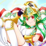  alice_bambi athena_(p&amp;d) dress fingerless_gloves gloves green_hair hand_on_headwear helmet kneehighs knees_together_feet_apart knees_touching long_hair looking_at_viewer pauldrons purple_gloves puzzle_&amp;_dragons red_eyes short_sleeves solo vambraces white_dress white_legwear 