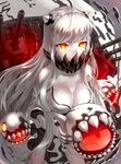 breasts cannon cleavage covered_mouth dress glowing glowing_eyes horns kantai_collection kfr large_breasts leaning_forward long_hair looking_at_viewer midway_hime pale_skin revision shinkaisei-kan solo turret veins very_long_hair white_dress white_hair yellow_eyes 