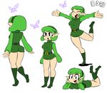  ass bigdead93 black_eyes boots breasts collage fairy green_footwear green_hair highres kokiri lying on_stomach pointy_ears saria short_hair small_breasts smile solo the_legend_of_zelda the_legend_of_zelda:_ocarina_of_time tunic turtleneck 