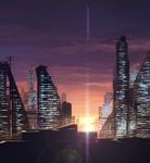  bad_pixiv_id building city cityscape izumi_sai lens_flare no_humans original scenery sky skyscraper sunset 