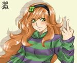  4chan artist_name aterumichino bangs blush clover clover_hair_ornament four-leaf_clover four-leaf_clover_hair_ornament green_eyes hair_ornament hairband hood hoodie long_hair looking_at_viewer middle_finger orange_hair sidelocks simple_background sketch solo striped striped_hoodie upper_body vivian_james white_background 