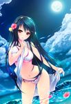  bikini black_hair breasts brown_eyes cloud finger_to_mouth flower full_moon hair_flower hair_ornament hairclip haruna_(kantai_collection) headgear hibiscus ichikawa_noa kantai_collection large_breasts long_hair looking_at_viewer moon navel night ocean partially_underwater_shot sarong sky solo swimsuit unaligned_breasts underboob very_long_hair wading water white_bikini 
