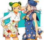  blonde_hair dixie_cup_hat double_bun dress green_hair hat hirose_yasuho jojo_no_kimyou_na_bouken jojolion kuujou_jolyne military_hat multicolored_hair multiple_girls pink_hair two-tone_hair xxxceller 