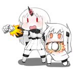  breasts capriccyo chibi claws covered_mouth detached_sleeves dress horn horns kantai_collection long_hair medium_breasts mittens multiple_girls northern_ocean_hime open_mouth red_eyes rocket_punch seaport_hime shinkaisei-kan tears white_background white_dress white_hair white_skin 