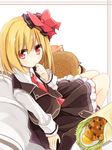  blonde_hair bow food hair_bow hair_ornament hair_ribbon hamburger looking_at_viewer necktie red_eyes red_neckwear ribbon rumia short_hair sitting solo touhou yuuhagi_(amaretto-no-natsu) 