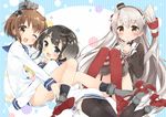  ;d amatsukaze_(kantai_collection) bangs black_hair black_legwear black_panties blue_eyes blush brown_eyes brown_hair dress garter_straps gloves gradient_hair hair_ornament hair_tubes kantai_collection long_hair long_sleeves looking_at_viewer masuishi_kinoto multicolored_hair multiple_girls one_eye_closed open_mouth panties sailor_dress short_dress short_hair short_hair_with_long_locks side-tie_panties silver_hair single_glove smile striped striped_legwear thighhighs tokitsukaze_(kantai_collection) two_side_up underwear white_gloves white_panties yukikaze_(kantai_collection) 