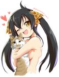  ;d akazawa_red black_hair blush breasts cat fang hair_ribbon hug idolmaster idolmaster_cinderella_girls long_hair matoba_risa nude one_eye_closed open_mouth ribbon sideboob small_breasts smile solo twintails yellow_eyes 