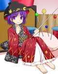  barefoot bowl bowl_hat fenikkusu_takahashi hat holding_needle japanese_clothes kimono minigirl needle obi purple_eyes purple_hair sash short_hair sukuna_shinmyoumaru touhou 