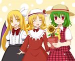  :d ^_^ ascot bat_wings blonde_hair bow bowtie closed_eyes dress drill_hair elly fenikkusu_takahashi flower green_hair hair_ribbon hat kazami_yuuka kurumi_(touhou) long_hair multiple_girls open_mouth plaid plaid_skirt plaid_vest plant potted_plant red_eyes ribbon short_hair skirt smile sunflower touhou touhou_(pc-98) vest wings yellow_eyes 