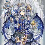  blue_eyes blush crown fantasy long_hair looking_at_viewer madogawa mini_crown original silver_hair smile solo staff wings 