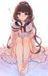  3: bare_legs barefoot blue_eyes blush brown_hair convenient_leg feet feet_together long_hair looking_at_viewer original school_uniform serafuku sitting soles solo sweat toes yadapot 