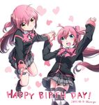  blue_eyes bow dated futaki_kanata hair_bobbles hair_ornament happy_birthday heart holding_hands interlocked_fingers konaa little_busters! long_hair multiple_girls pink_bow plaid plaid_skirt purple_hair saigusa_haruka school_uniform side_ponytail skirt thighhighs twitter_username 