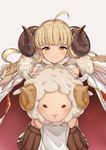  ahoge anila_(granblue_fantasy) animal aya_shachou blonde_hair cape draph eyebrows gloves granblue_fantasy holding holding_animal horns long_hair looking_at_viewer pleated_skirt sheep sheep_horns simple_background skirt smile solo white_gloves yellow_eyes 