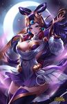  alternate_costume alternate_hairstyle armor artist_name black_hair blue_eyes breasts citemer cleavage crescent_moon diana_(league_of_legends) forehead_protector hair_rings jewelry large_breasts league_of_legends long_hair lunar_goddess_diana moon purple_eyes solo thighhighs zettai_ryouiki 