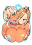  2girls ;) ahoge_girl_(23) areolae blonde_hair blue_eyes blush breast_grab breast_mousepad breasts brown_hair choker couple covered_nipples cross dark-skinned_girl_(23) dark_skin deep_skin grabbing grabbing_from_behind heart heart-shaped_pupils highres jewelry large_breasts mousepad multiple_girls one_eye_closed open_mouth original pasties ring short_hair simple_background smile star_pasties symbol-shaped_pupils upper_body wedding_band white_background wife_and_wife yuri 