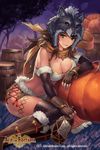  age_of_ishtaria bare_shoulders barrel boots bottle bracelet breasts brown_footwear brown_hair cleavage copyright_name cuboon elbow_gloves fingerless_gloves fur_boots fur_trim gem gloves green_eyes halloween jewelry knee_boots large_breasts navel parted_lips pumpkin scarf sitting solo thighhighs tree wolf_hood 